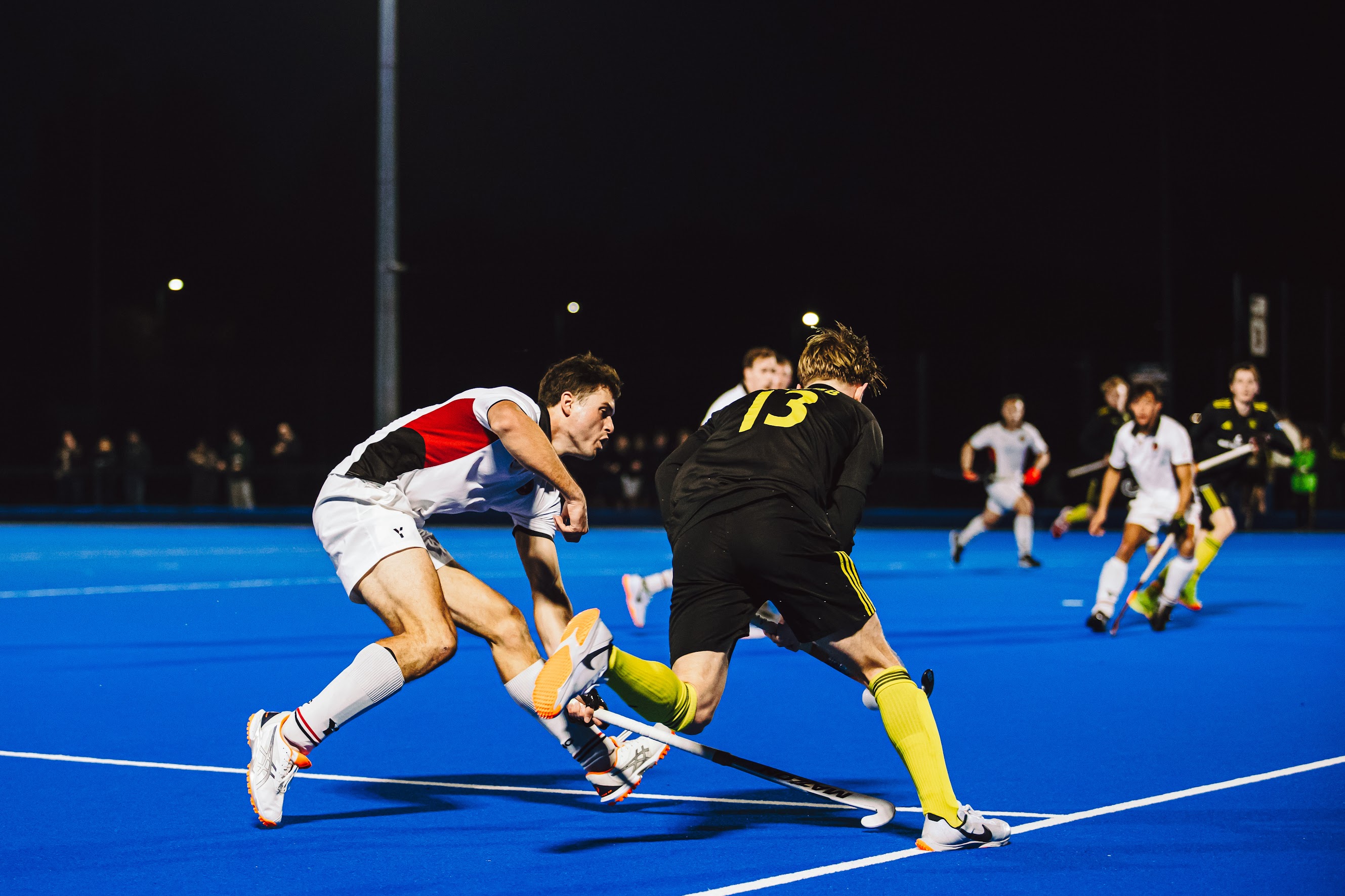 Beeston Men's 1st team in action during the Pride Night fixture against Southgate at Nottingham Hockey Centre